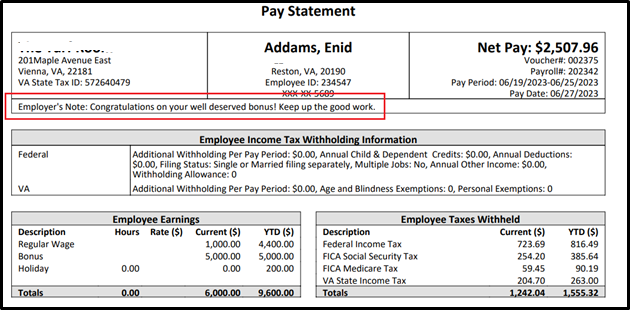 A close-up of a pay statementDescription automatically generated